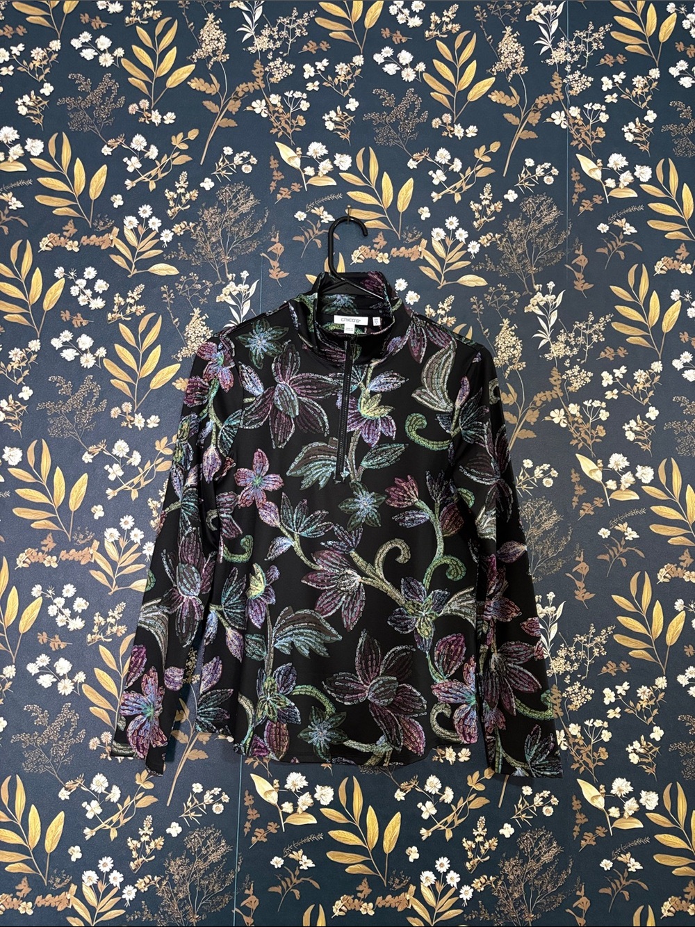 Chico's UPF Floral Half-Zip Pullover Top Black Button-Front 00 or XS
